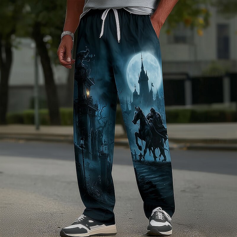 Halloween Men's Spooky Moon Halloween Costumes Headless Horseman Trousers Baggy Pants Casual Pants Mid Waist Dark Gothic Style Holiday Elastic Drawstring Waist Linen-Like Pants with Pockets Spring2