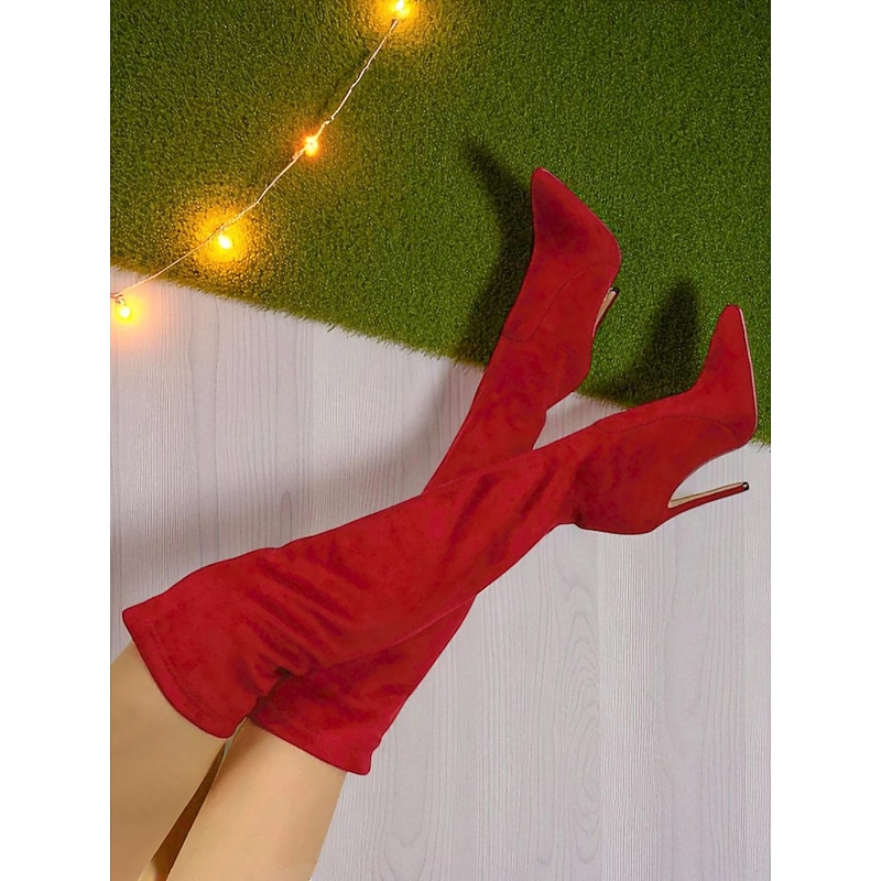 Women's Red Suede Over-the-Knee Boots - Pointed Toe Stiletto High Heels for Night Parties and Christmas Holiday Events3