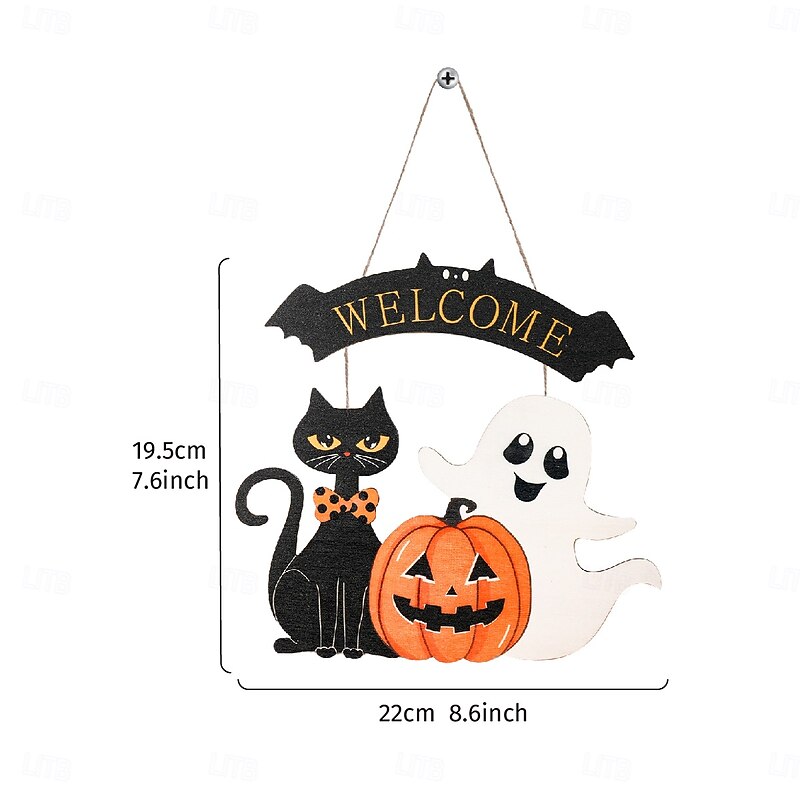 Halloween Party Wooden Welcome Ghost Cat Hanging Sign Black Cat Pumpkin Colorful Cartoon Printed Holiday Decoration Wall Ornament for Halloween Party2