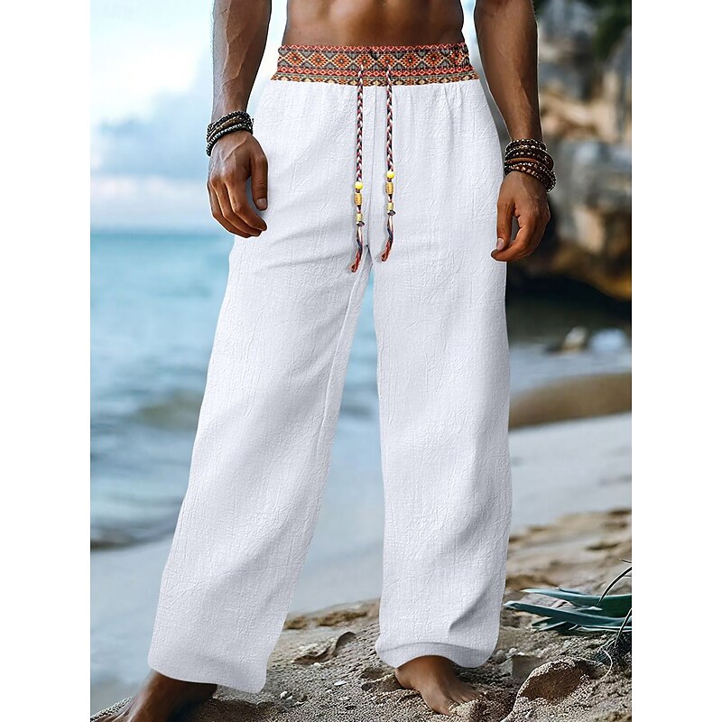 Men's Linen Pants Trousers Summer Pants Baggy Pants Drawstring Patchwork Elastic Waist Plain Comfort Breathable Full Length Casual Daily Holiday Fashion Classic Style Black White Inelastic3