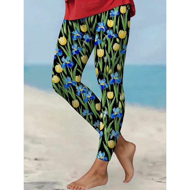 Women's Pants Trousers Leggings Streetwear Casual Full Length High Waist Floral Elastic Waist Print Breathability Comfortable Stretchy Vacation Street Daily Wear Green Summer Spring Fall Regular Fit