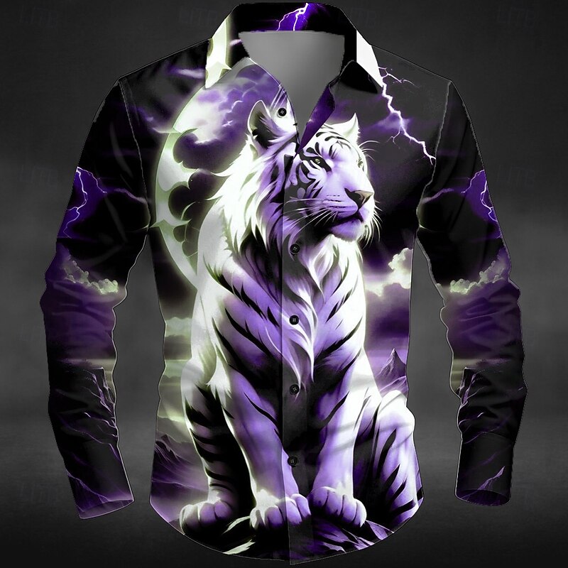 Halloween Men's Animal Tiger Lightning Shirt Button Up Shirt Long Sleeve Dark Outdoor Holiday Summer Spring Turndown 3D Print Collared Shirts Blue Purple Green2