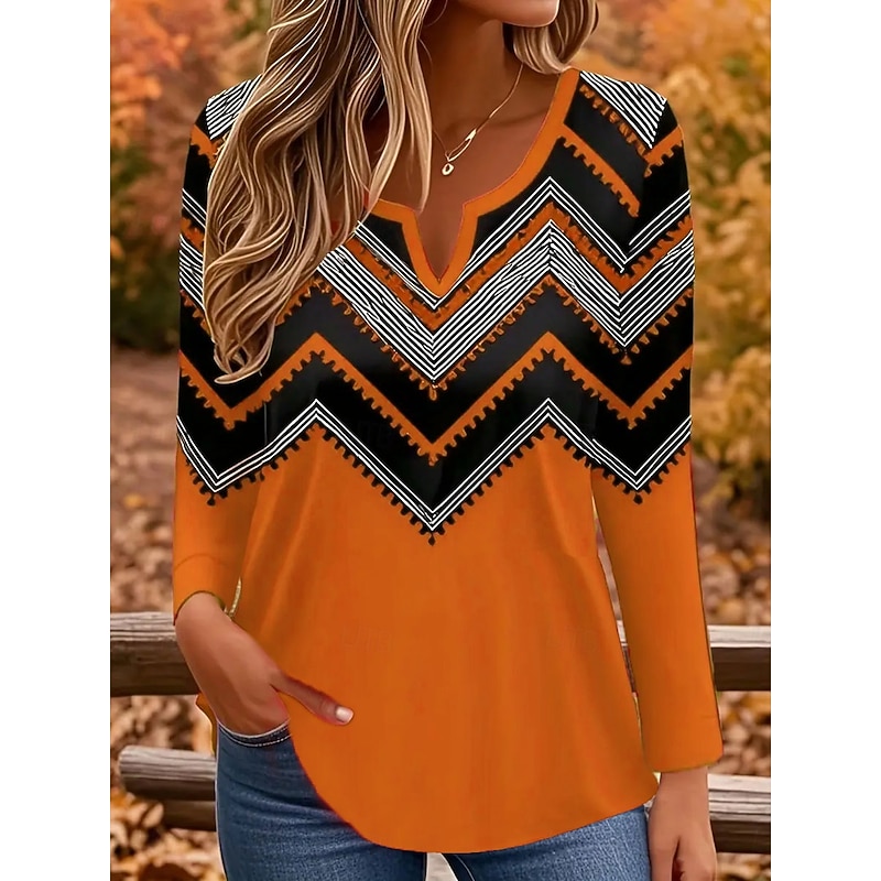 Women's T Shirt Graphic Geometric Vintage Stylish Classic Long Sleeve Notched Neck Regular Tops Daily Print Red Blue Orange Gray Spring Fall3