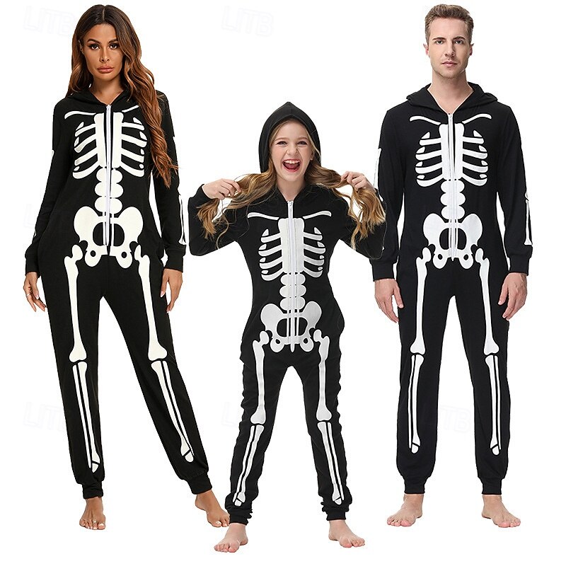 Family Pajamas Jumpsuit Skull Halloween pattern Home Print Black Long Sleeve Active Matching Outfits