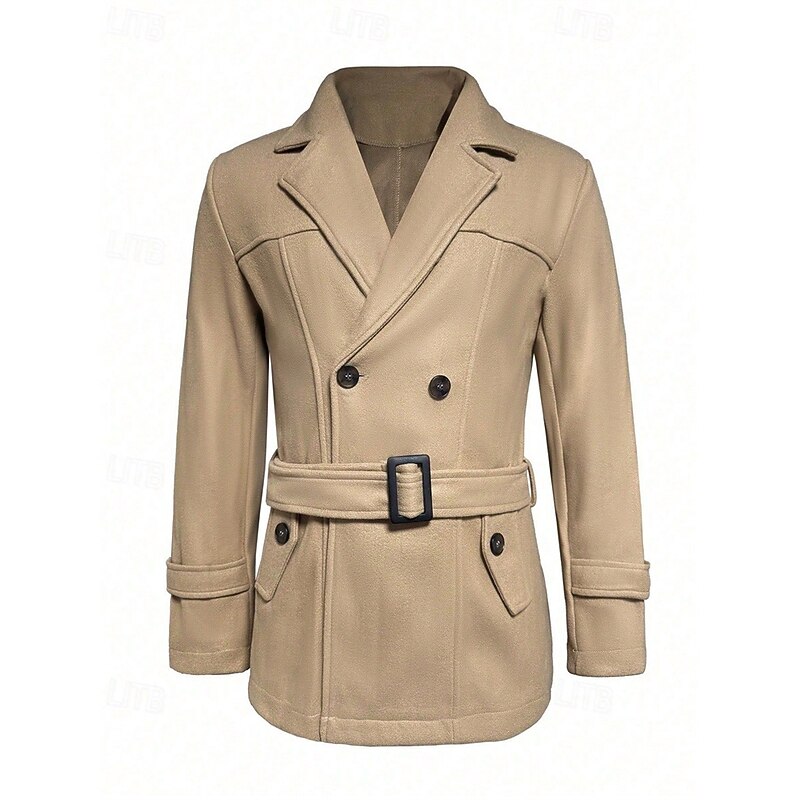 Men's Peacoat Trench Coat Vacation Daily Fall Winter Polyester Thermal Warm Windproof Outerwear Clothing Apparel Fashion Classic Plain Pocket Lapel Double Breasted4