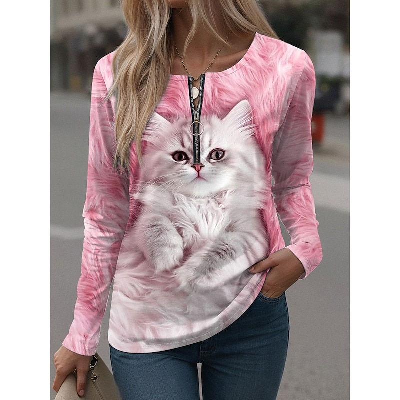 Women's T Shirt Graphic Animal Vintage Stylish Casual Long Sleeve Round Neck Regular Tops Daily Weekend Zipper Print Yellow Pink Blue Purple Spring Fall Winter