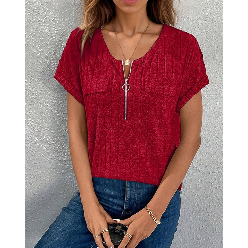 Women's Texture Sweatshirt T Shirt Tee Top Plain Fashion Modern Short Sleeve Crew Neck Regular Tops Daily Going out Quarter Zip Black Wine Army Green Royal Blue Orange Summer3