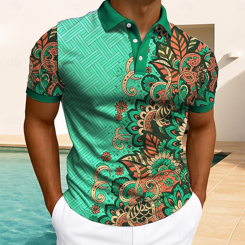 Men's Floral Print Polo Short Sleeve Polo Shirts Collared Shirts Casual Athleisure Daily Wear Buttons Summer Red Blue Green3
