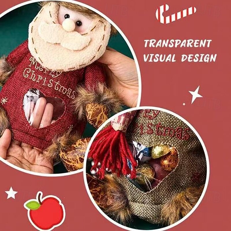 3pcs Christmas Gift Bags Zipper Design,Santa Claus & Reindeer Candy Bags, Apple Gift Bags for Christmas Eve, Holiday Party Decorations3