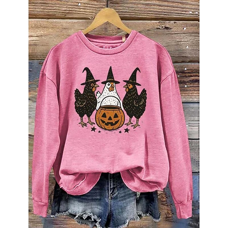 Halloween Women's Pullover Sweatshirt Witch Graphic Animal Pumpkin Fashion Casual Long Sleeve Crew Neck Regular Tops Street Dailywear Casual Print Pink Dark Green Orange Fall Winter3