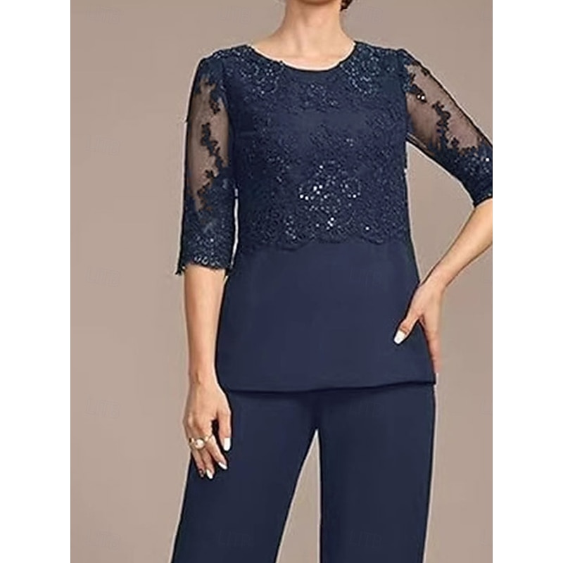 3 Piece Pantsuit Floral Sequin Lace Mother of the Bride Pantsuit Elegant Vintage Crew Neck Ankle Length Half Sleeve with Jacket2