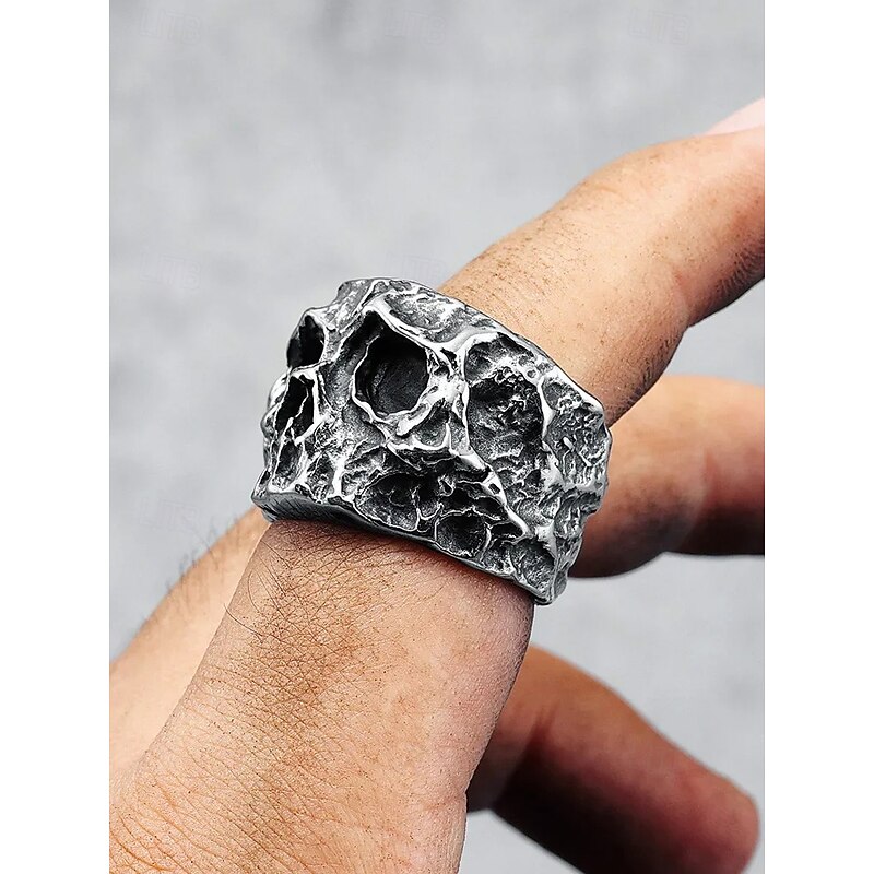 Men's Halloween Skull Ring - Stainless Steel Goth Punk Knight Ring, Textured 3D Skull, Oxidized Silver Finish, Statement Jewelry for Parties and Cosplay4