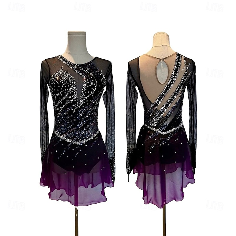 Figure Skating Dress Women's Girls' Ice Skating Dress Dark Purple Patchwork Asymmetric Hem Mesh Spandex High Elasticity Training Competition Skating Wear Classic Crystal / Rhinestone Long Sleeve Ice