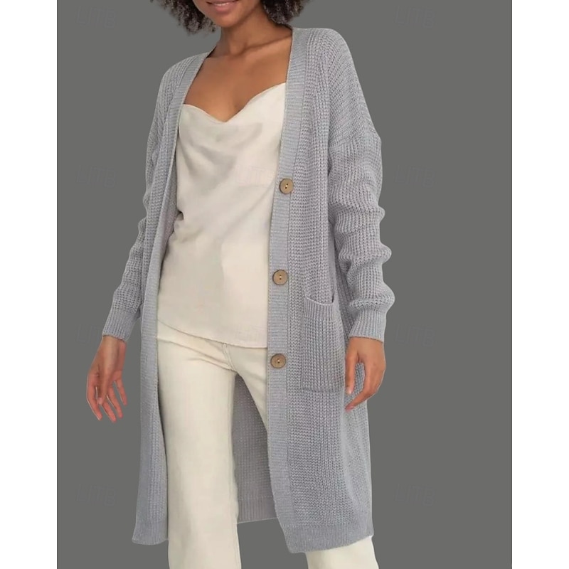 Women's Cardigan Casual Solid Color Ribbed V Neck Buttons Knitted Long Sleeve Long Tops Knit Daily Holiday Going out Black White Fall