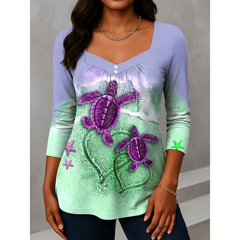 Women's T shirt Long Sleeve Graphic Sea Turtle Vintage Fashion Stylish Long Sleeve Asymmetric Neck Regular Tops Daily Weekend Vacation Wear Buttons Print Yellow Blue Purple Green  Spring Prefall4