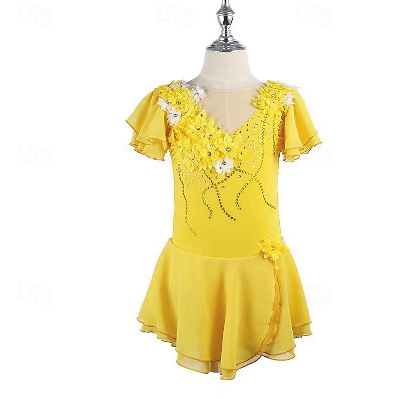 Figure Skating Dress Women's Girls' Ice Skating Dress Yellow Patchwork Open Back Mesh Spandex Stretchy Training Practice Professional Skating Wear Thermal Warm Crystal / Rhinestone Short Sleeve Ice