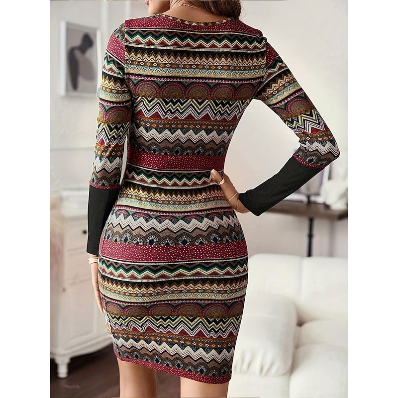 Women's Knee Length Dress Bodycon T Shirt Dress Tee Dress Shift Dress Vacation Casual Holiday Date Slim Fit Graphic Geometric Long Sleeve Crew Neck Red Spring Fall Winter2