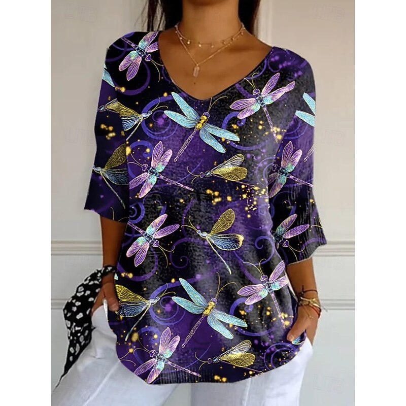 Women's Blouse Floral Graphic Vintage Stylish Classic 3/4 Length Sleeve V Neck Regular Tops Daily Black And White Black Pink Purple Green Summer Spring Fall