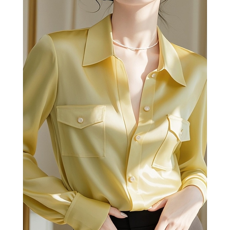 Women's Shirt Blouse Plain Active Stylish Long Sleeve Shirt Collar Regular Tops Work Formal Wear Pocket Buttons Yellow Fall