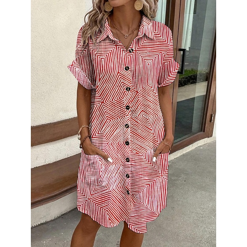 Women's Mini Dress Shirt Dress Casual Dress Print Dress Fashion Modern Daily Beach Weekend Regular Fit Striped Short Sleeve Shirt Collar Pink Summer Spring Fall Autumn