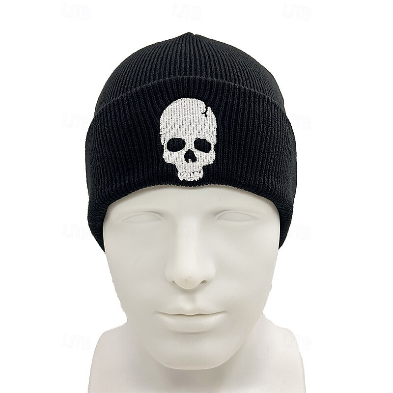 Men's Halloween Skull - Embroidered Acrylic Beanie, Stylish Streetwear, Ideal for Casual Outings & Festive Looks4