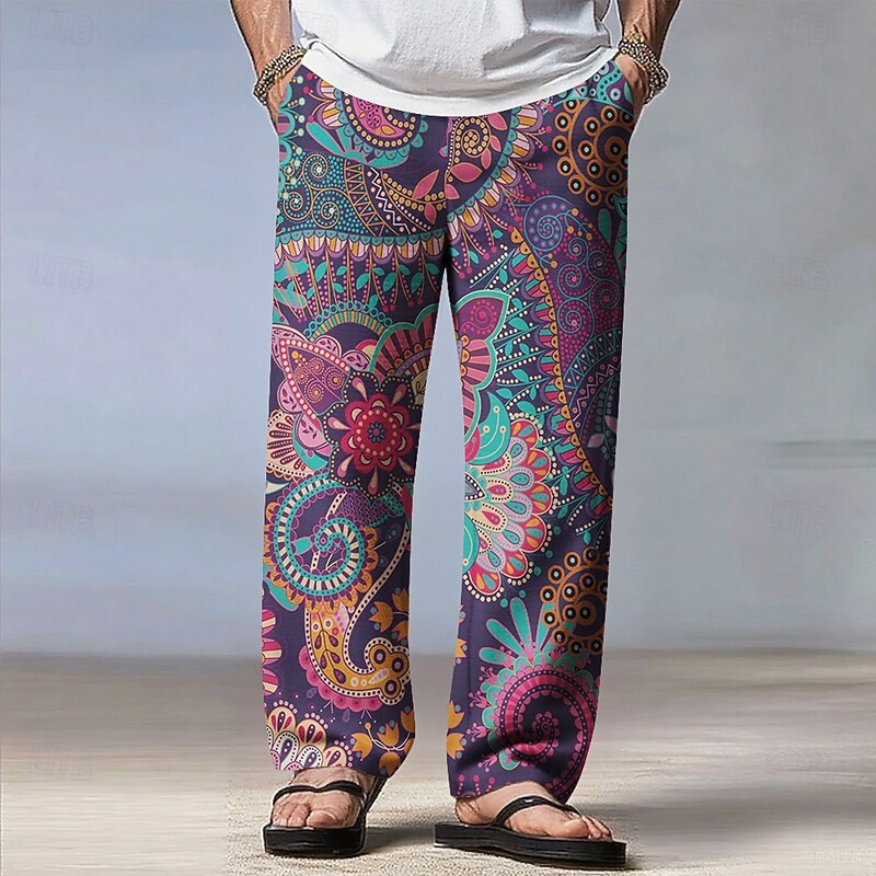 Men's Paisley Mandala Floral Print Pants Trousers Casual Pants Mid Waist Drawstring Elastic Waist Ethnic Bohemian Vintage Retro Outdoor Vacation Casual Straight Leg Trousers Spring Fall 3D Print Blue2