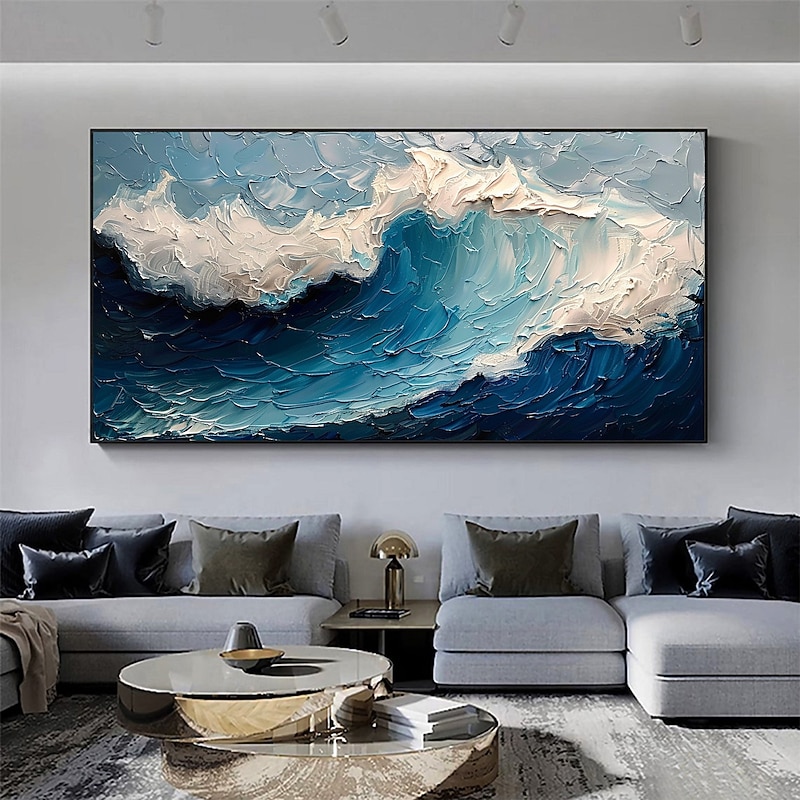 Handmade Original Blue Ocean Waves Oil Painting On Canvas Abstract Seascape Wall Art for Home Decor With Stretched Frame Without Inner Frame Painting3