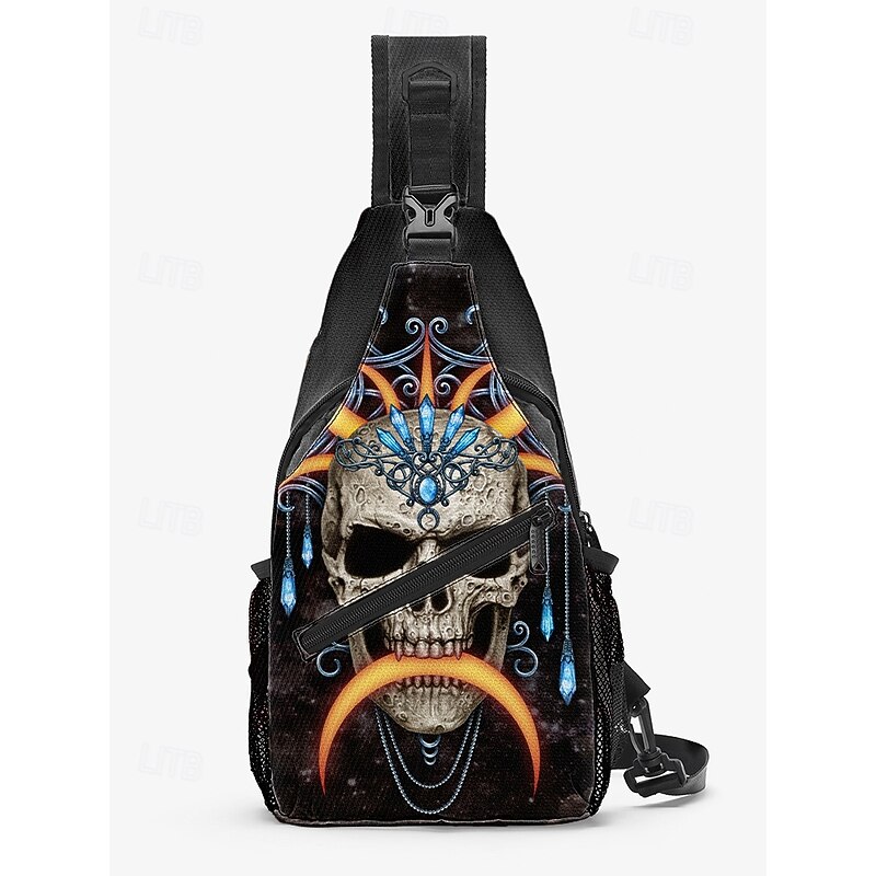 Men's Halloween Skull Design Crossbody Sling Bag By Sarah Richter– Vintage-Inspired Skull with Orange Accents, Unique Art for Halloween Parties, Festivals, and Casual Outfits3