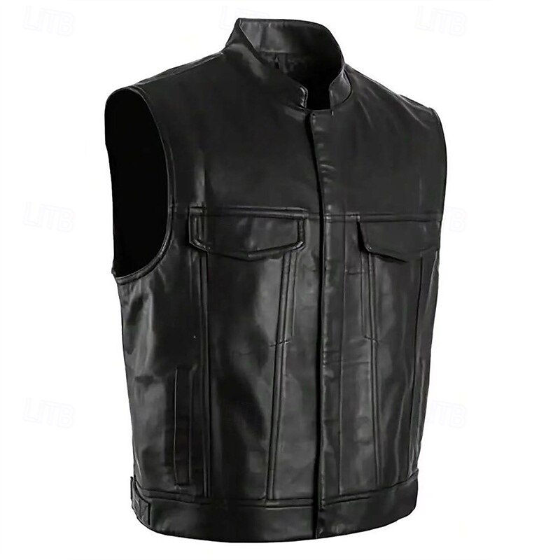 Men's Vest Gilet Faux Leather Vest Outdoor Daily Fashion Casual Spring Fall Pocket Faux Leather Comfortable Plain Zipper Stand Collar Regular Fit Black Vest2