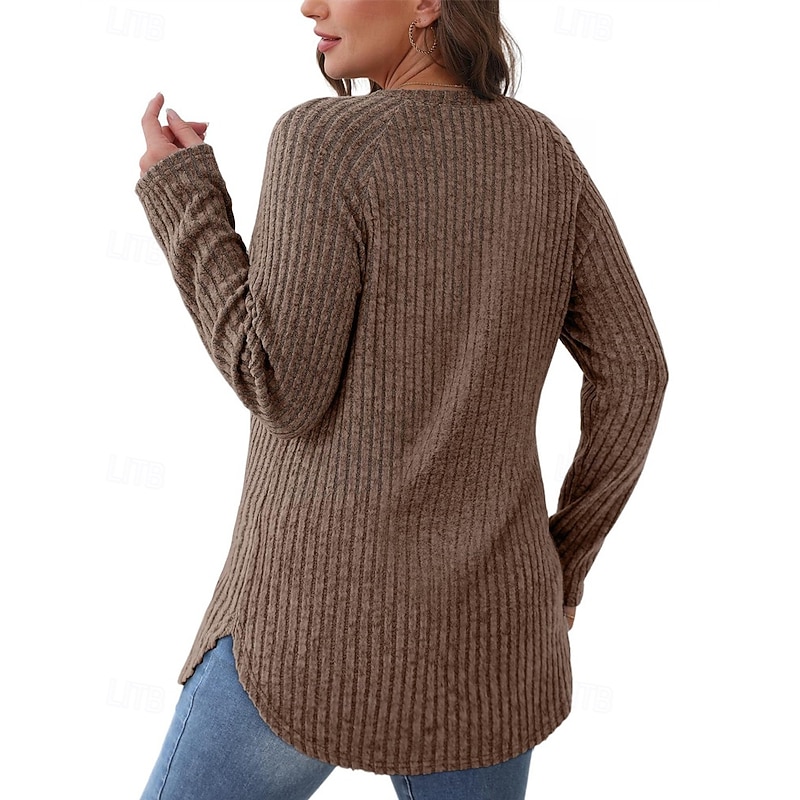 Women's Sweater Pullover Daily Stylish Casual Solid Color Ribbed Crew Neck Knitted Long Sleeve Regular Tops Knit Daily Holiday Going out Black Wine Fall Winter3