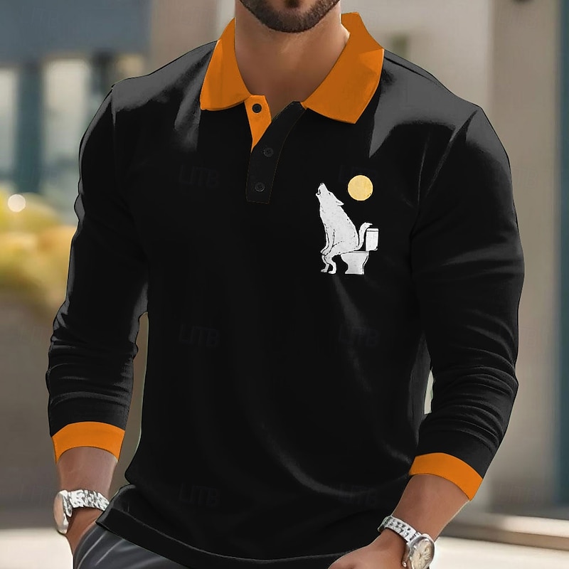 Halloween Men's Animal Wolf Polo Long Sleeve Polo Shirts Lapel Casual Street Athleisure Daily Wear Festival Wear 3D Print Buttons Spring Fall Winter Black Orange