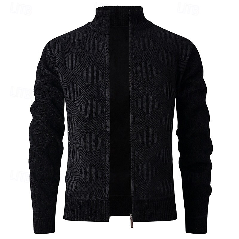 Men's Sweater Dress Sweater Cardigan Sweater Zip Sweater Knit Sweater Ribbed Knit Regular Tops Knitted Ribbed Plain Stand Collar Fashion Shawls Business Casual Clothing Apparel Fall Winter Black Dark4