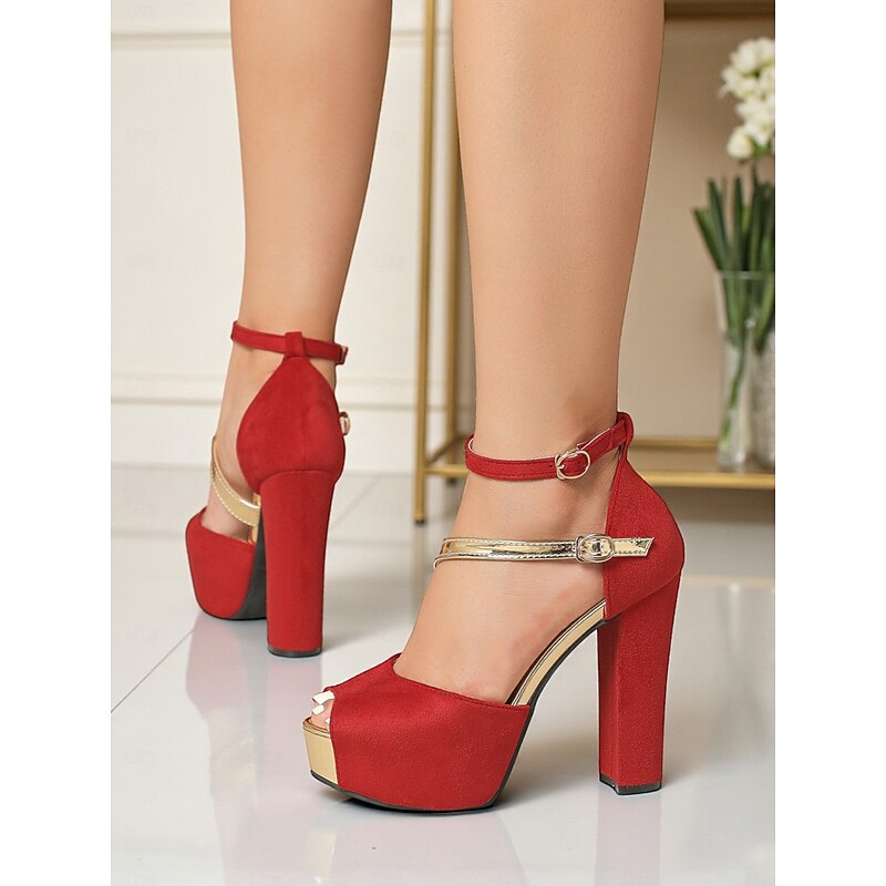 Women's Red Suede Platform Block Heel Sandals - Peep Toe Ankle Strap High Heels for Nightlife Parties and Evening Clubwear3