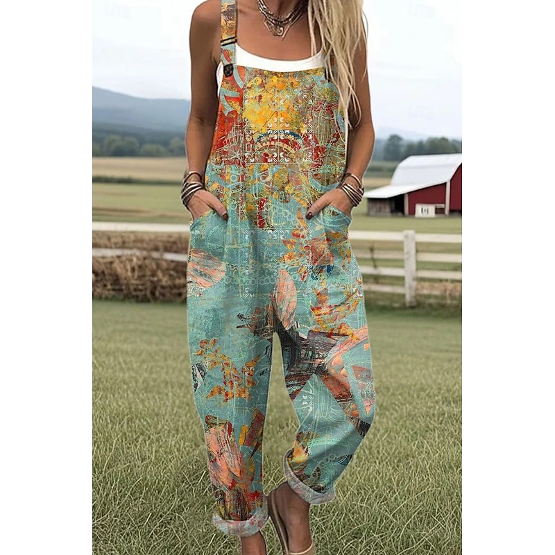 Women's Dungarees Active Floral Sleeveless Sleeveless Straight Square Neck Pocket with Pocket Vacation Daily Loose Fit Light Green Blue Green Summer3