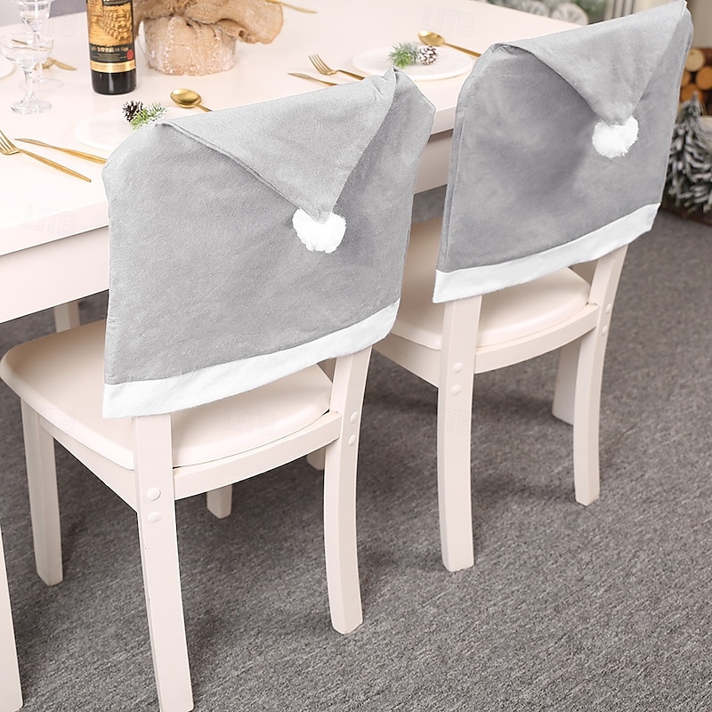 2Pcs Christmas Gray Chair Covers, Non-Woven Fabric Chair Slipcovers, Holiday Dining Chair Decorations with Santa Hat Design4