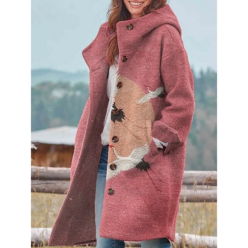 Women's Winter Jacket Fleece Jacket Coat Warm Breathable Pocket Buttons Print Active Daily Casual Scenery Vacation Street Daily Single Breasted Long Hoodie Regular Fit Long Sleeve Outerwear Yellow3