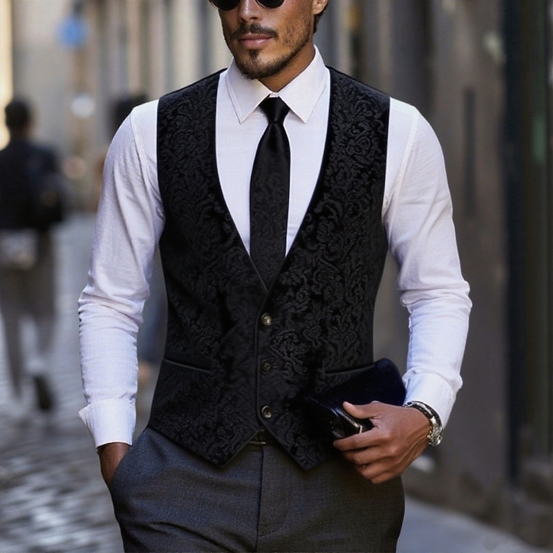 Men's Vest Waistcoat Formal Performance Wedding Spring Fall Adjustable Paisley Single Breasted V Neck Black Blue Vest4
