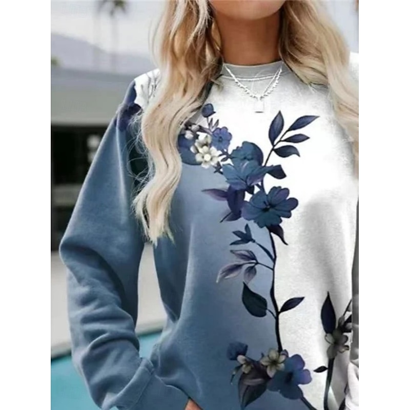 Women's Sweatshirts Floral Print Graphic Casual Long Sleeve Crew Neck Round Neck Regular Tops Street Dailywear Casual Print Blue Spring Fall Winter2