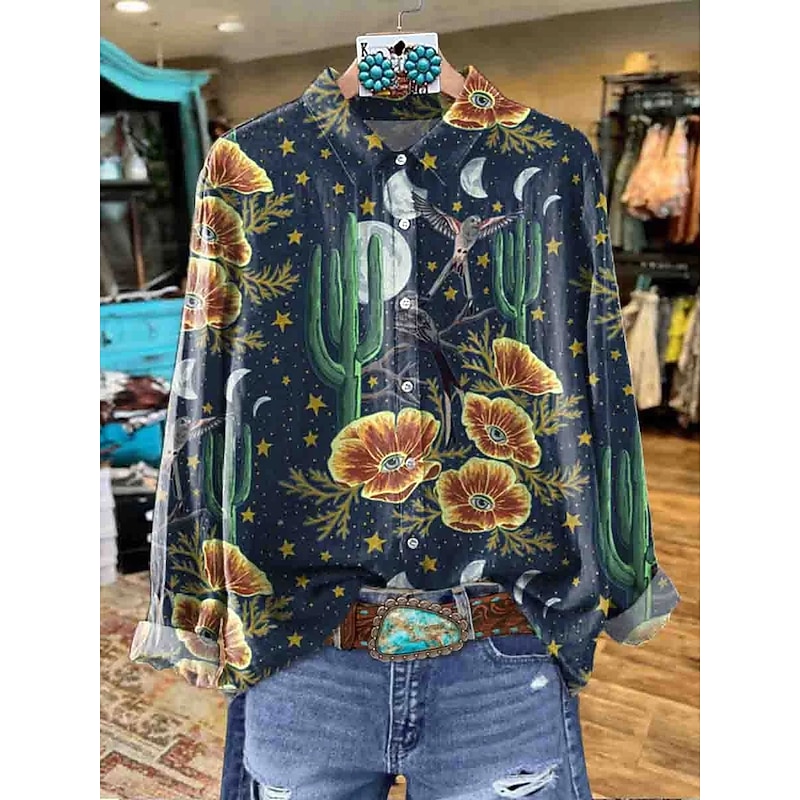 Women's Shirt Graphic Geometric Elegant Bohemia Daily Long Sleeve Shirt Collar Regular Tops Work Daily Buttons Print Yellow Red Blue Brown Green Spring Fall Winter3