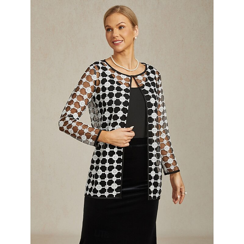 Women's Jacket Coat Blazer Lace Embroidered Color Block Elegant Floral Anniversary Wedding Guest Daily Cocktail Party Open Front Regular Crewneck Regular Fit Long Sleeve Outerwear Black