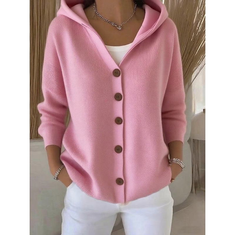 Women's Sweater Cardigan Elegant Fashion Streetwear Pure Color Hooded Knitted Long Sleeve Regular Tops Knit Outdoor Daily Weekend Black White Fall Winter