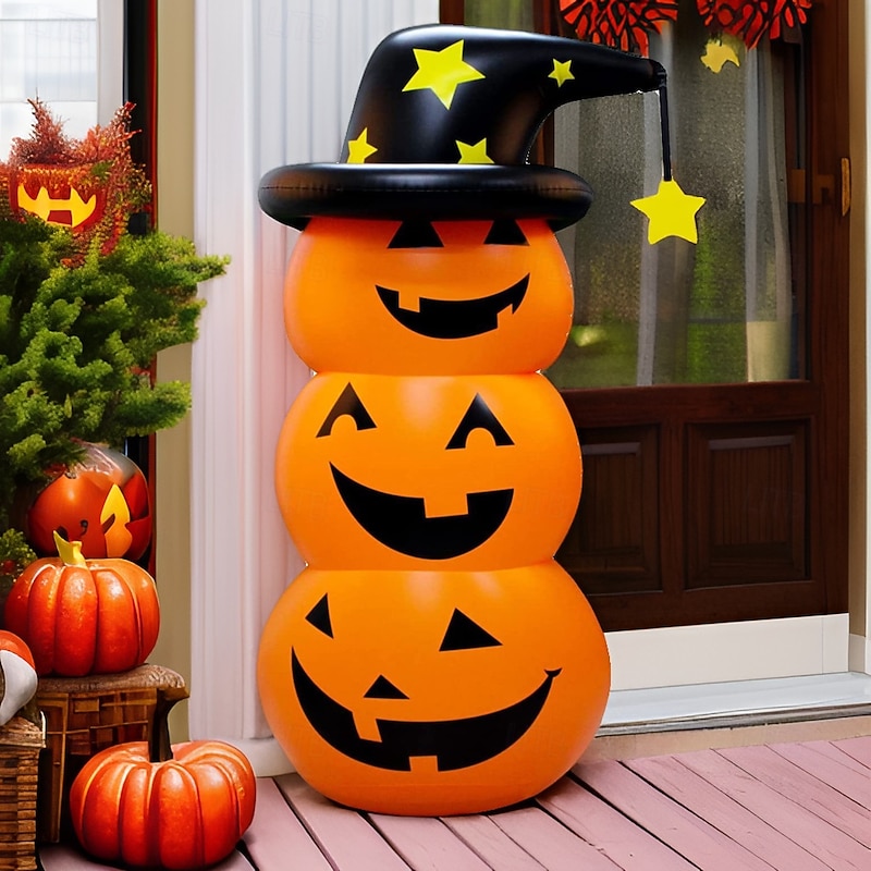 1 Pc 1.35M Halloween Three Head Expression Pumpkin LED PVC Inflatable Air Model RGB Indoor/Outdoor Courtyard Garden Lawn Party Festival Atmosphere Decorative Light AAA Battery Box Remote Control