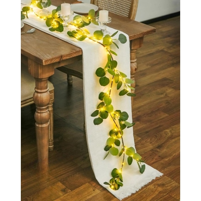 Artificial Eucalyptus Garland with Lights, Lighted Spring Garland Battery Operated for Mantel Fireplace Wedding Spring Valentine Decoration