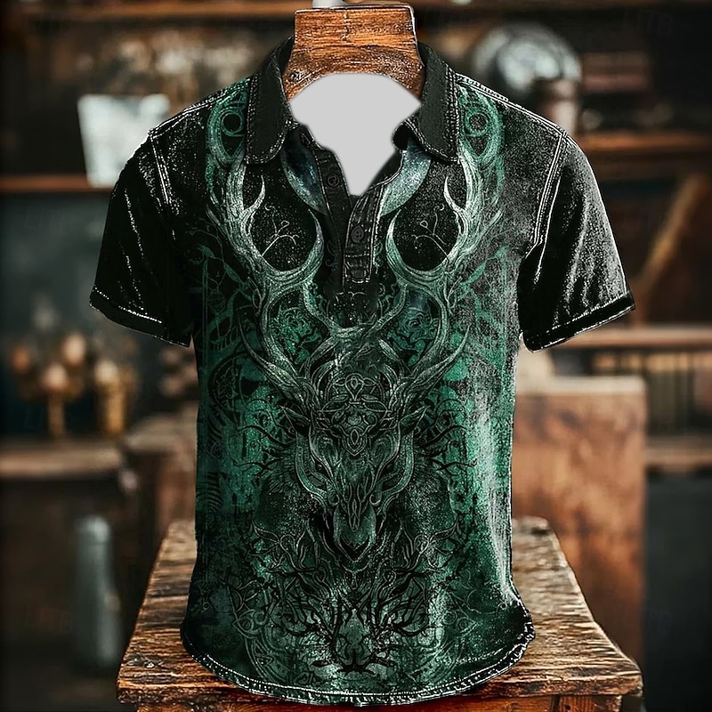 Men's Deer Polo Short Sleeve Polo Shirts Collared Shirts Vintage Casual Athleisure Daily Wear 3D Print Buttons Summer Green
