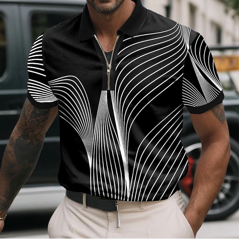 Men's Geometic Line Zip Polo Shirts Short Sleeve Polo Shirts Collared Shirts Business Casual Business Athleisure Wear to work Daily Wear 3D Print Summer Black White2