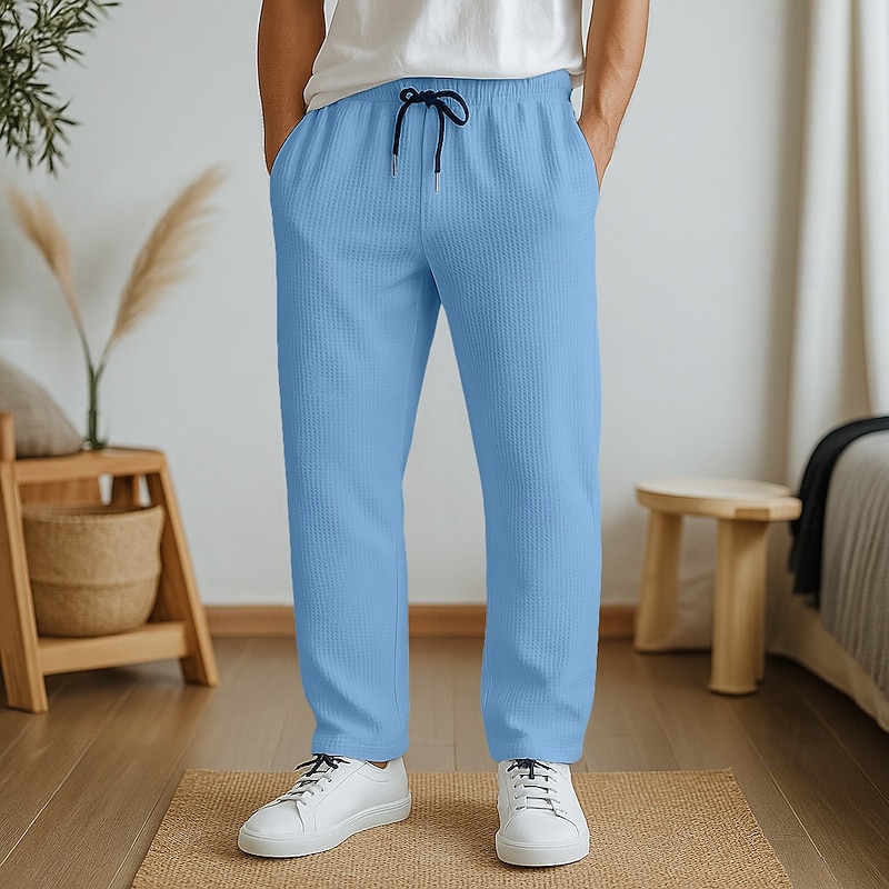 Men's Waffle Trousers Slacks Baggy Pants Waffle Pants Drawstring Front Pocket Plain Comfort Full Length Outdoor Home Party Vacation Fashion Blue 1# Black Stretchy