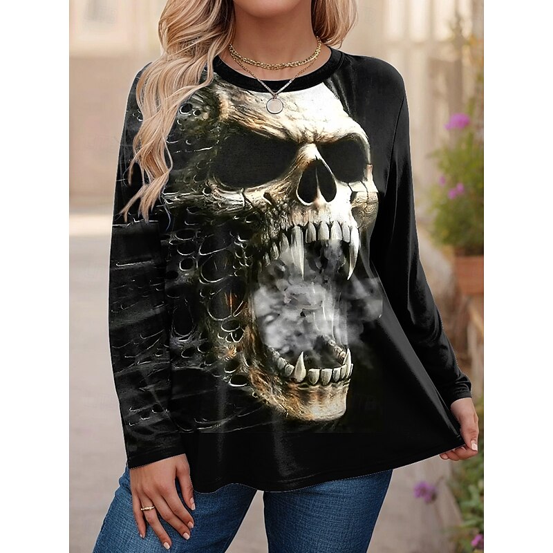 Halloween Women's Plus Size Tops T Shirt Graphic Print Long Sleeve Crew Neck Casual Daily Polyester Fall Winter Black White3