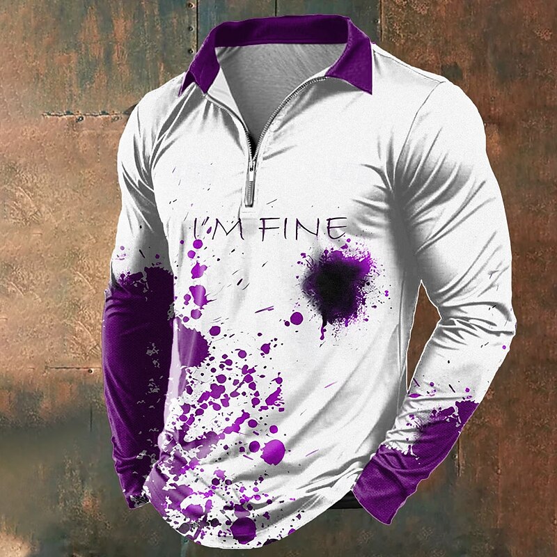 Halloween Men's Blood Splatter Zip Polo Shirts Long Sleeve Polo Shirts Lapel Casual Horror Dark Outdoor Festival Outfit 3D Print Spring Fall Winter Red Blue Purple4