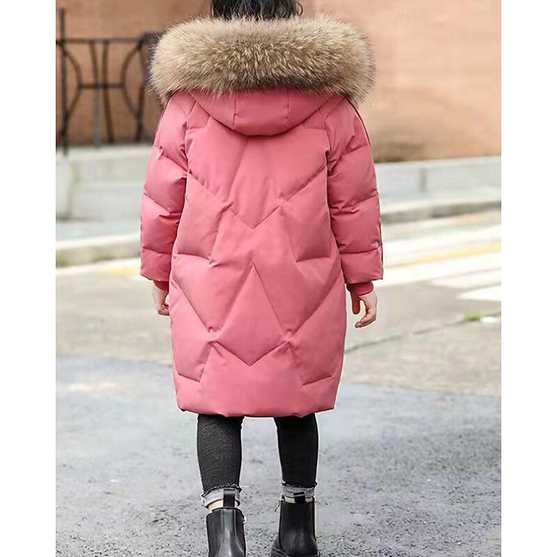 Kids Girls' Down Coat Solid Color Fashion Fur Trim Zipper Pocket School Coat Outerwear 4-12 Years Fall Black Pink Red4