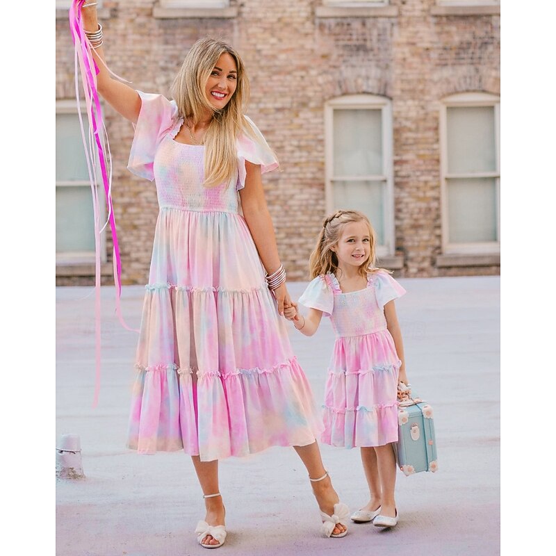 Mommy and Me Dresses Tie Dye Street Print Pink Purple Short Sleeve Midi Chiffon Dress Sweet Matching Outfits
